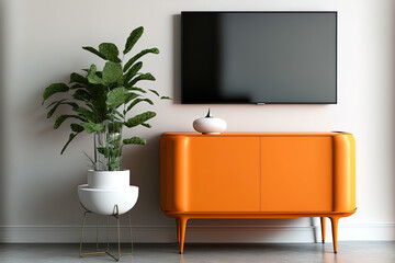 an orange cabinet Tv or place item in contemporary living room with lamp, table, flower, and plant on background of white wall,. Generative AI