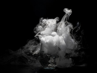 molecular cuisine. Glass with dry ice and steam