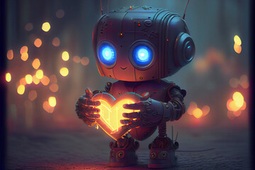 Chibi Robotic Love: Cute Anime Robots Holding Valentine's Hearts in Hyper-Realistic Oil Painting with Big Soulful Eyes, Pixiv-Inspired, Under Mood and Cinematic Lighting with Glow and Fairy Lights