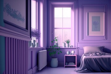  a bedroom with a purple wall and a bed with a purple comforter and a purple blanket on it and a window with a picture on it and a shelf with a plant in the corner.
