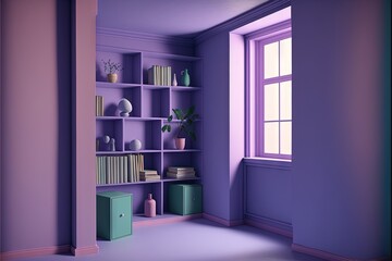  a room with a book shelf and a window with a purple color scheme and a green box in the corner of the room with a green plant in the corner of the room and a.