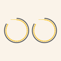 Round hoop golden earrings with black pearl and diamond isolated on beige background. Woman Expensive luxury accessories. Flat style vector illustration