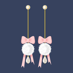 Long gold dangle earrings with pearl, diamond and pink bow isolated on blue background. Modern Trendy Expensive Women Accessories jewelry Vector illustration