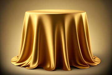 Tablecloth made of elegant gold silk. trade show display. Background design component. Illustration. Generative AI