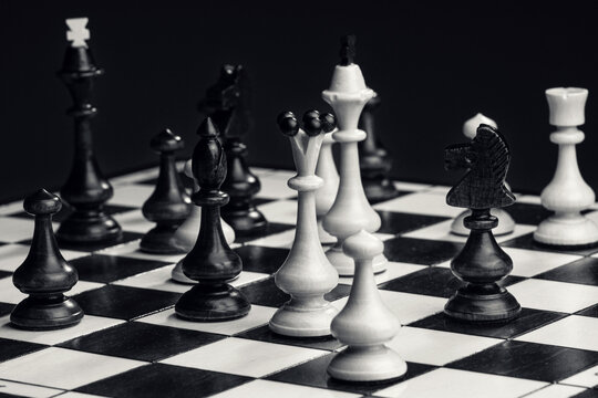 The chessboard during the game. Black white picture