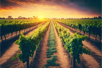 Fototapeta premium a vineyard with a sunset in the background and a field of green vines in the foreground with a few trees in the foreground and a few bushes in the foreground with a.
