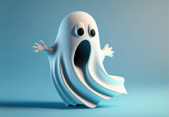 Halloween Ghost. Cute ghost character. Realistic 3d design element In plastic cartoon style. Light blue background. Generative ai illustration