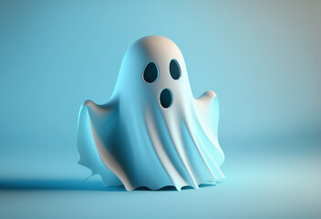 Halloween background with cute ghost, on light blue background, 3D rendering, 3D illustration, Generative ai