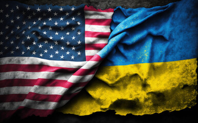 Background flags of America and Ukraine. The flags of the USA and Ukraine are crossed and swaying. Illustration of country flags in realistic style. US flag together with Ukrainian flag. Generative ai