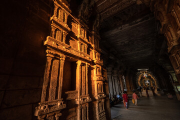 The ornate carved walls and columns of the ancient Hindu temple of Jambukeshwar in Tiruchirappalli.