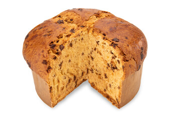 Panettone cut isolated on white with clipping path included. Typical sweet Italian cake for the Christmas holidays