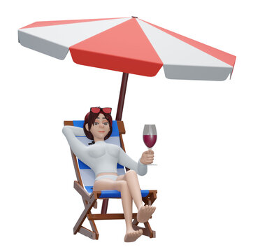 3d render. Woman enjoying vacation holidays on the beach and relaxing in a wooden chair near the sea in warm sunny summer day
