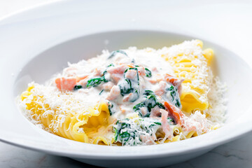pasta with creamy salmon sauce with spinach