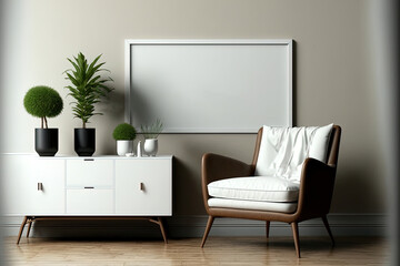 TV mockup in home interior with armchair and decor on cream color wall. Generative AI