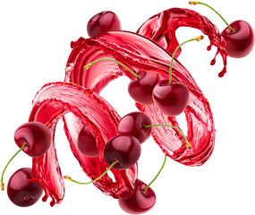 Falling cherries and juice splash isolated