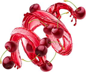 Falling cherries and juice splash isolated