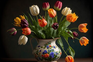  a vase filled with lots of colorful flowers on a table next to a vase with flowers in it and a few petals on the side of the vase with flowers in it, on a dark background.