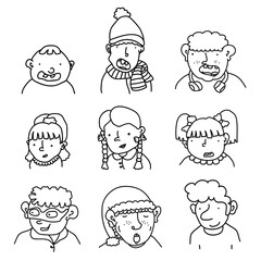 Collection of various hand drawn doodle children - babies, toddlers and teens. Linear cartoon characters with different emotions. Set of people portraits, comic avatars, diverse faces