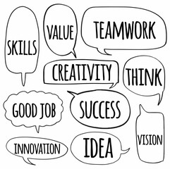 set hand drawn doodle speech bubbles of VALUE, SKILLS, GOOD JOB, INNOVATION, TEAMWORK, CREATIVITY, SUCCESS, IDEA, THINK, VISION. vector design illustration
