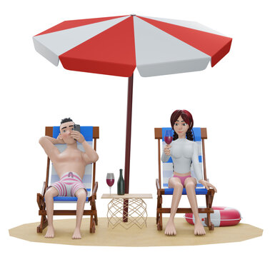 3d rendering. Couple resting on sunny beach at resort. Happy young couple with glasses of wine sitting on deck chairs at sea beach