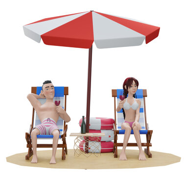 3d rendering. Happy young couple with glasses of wine sitting on deck chairs at sea beach