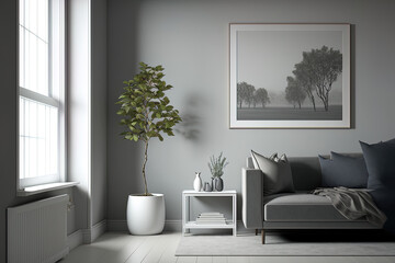 Interior of a modern minimalist living room. High quality inside home illustration. mockup of a gray, empty wall. illustration. Generative AI
