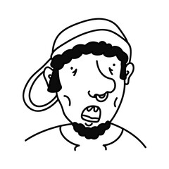 Hand drawn doodle portrait of a speaking man with black curly hair, whiskers, beard and big nose with piercing. Caricature character in a cap isolated on white background. Cartoon avatar
