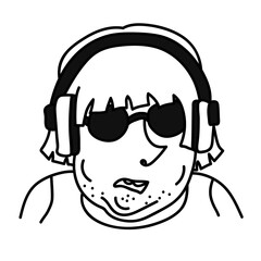 Hand drawn doodle portrait of speaking fat man with bristle and long hair. Avatar with cartoon person with big headphones and round sunglasses in caricature style. 