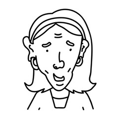 Hand drawn doodle portrait of elderly woman. Cartoon funny avatar of senior in caricature style. Cheerful grandmother with earrings on white background. 