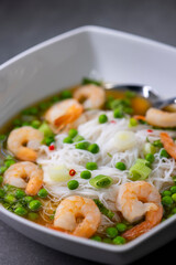 soup with shrimps, vegetables and rice nooodles