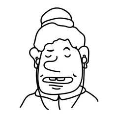 Hand drawn portrait of a person listening to music with headphones. Caricature avatar of a human with bun hairstyle. Cartoon linear individual with big nose and open mouth on white background