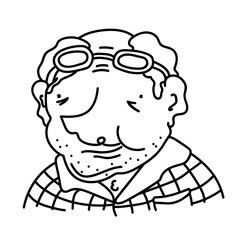 Hand drawn portrait of a cheerful senior with bristle and wrinkles. Caricature avatar of smiling elderly man in checkered shirt. Cartoon grandfather with big nose
