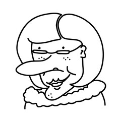 Hand drawn doodle portrait of elderly woman with freckles and wrinkles. Cartoon funny avatar of senior in caricature style. Cheerful grandmother in glasses on white background. 