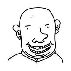 Hand drawn doodle portrait of cheerful bald man with earring. Caricature avatar of person with big nose. Profile of linear smiling human isolated on white background.