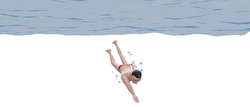 3d rendering. Underwater photo of young man in swimming suit diving in ocean alone.  man diving underwater.