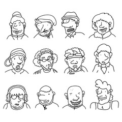 Collection of diverse hand drawn doodle people. Linear cartoon characters with different emotions. Set of men portraits, comic avatars, faces with various  facial expression on white background