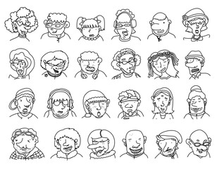 Collection of various hand drawn doodle people - children, teens, adults, seniors. Linear cartoon characters with different emotions. Set of human portraits, comic avatars, diverse faces