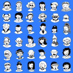 Set of various hand drawn black and white stickers with doodle portraits of people - children, teens, adults, seniors. Linear cartoon characters with different emotions. Comic avatars, diverse faces