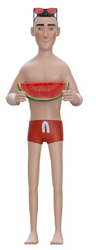 3d rendering. man with watermelon. smiling man enjoys summer day, holds slice of fresh ripe watermelon.