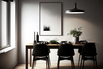 mock up of a poster frame in a large, contemporary dining area with a hardwood table and seats. Design for a minimalist dining room. Generative AI