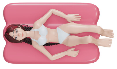 Obraz na płótnie Canvas 3d rendering. Portrait of beautiful tanned 3d woman relaxing in swimming pool in striped swimwear with yellow inflatable mattress. Creative gel polish manicure and pedicure.