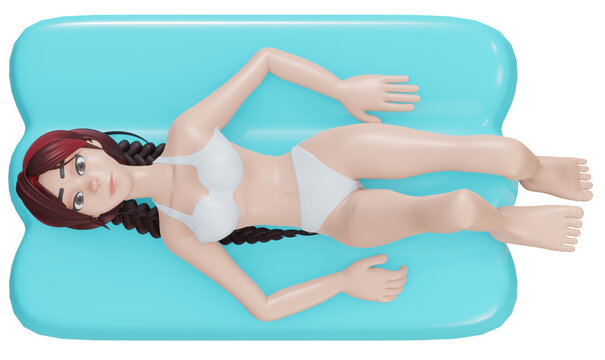 3d rendering. Portrait of beautiful tanned 3d woman relaxing in swimming pool in striped swimwear with yellow inflatable mattress. Creative gel polish manicure and pedicure.