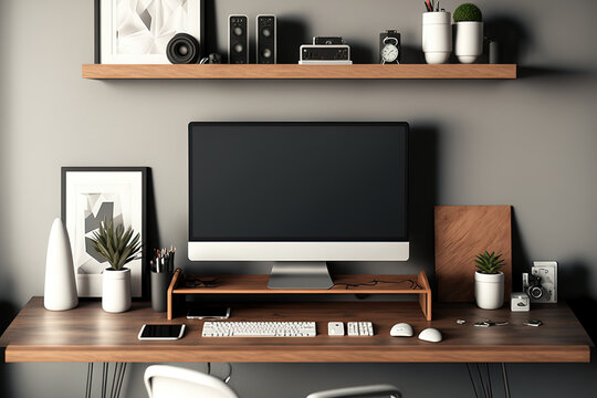 Modern office desk, workstation with PC desktop computer mockup, painting tools and accessories on wood table against grey wall with wall shelf and decor. , 3d illustration. Generative AI