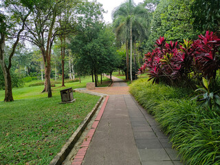 KUALA LUMPUR, MALAYSIA -JULY 6, 2022: Pedestrian path in a public park. Providing comfort for the public to stroll or have fun in the public park. Comfortable and spacious.