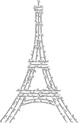 Calligraphic illustration with stylish Eiffel Tower. The shape is filled with repeated handwritten English words and some French popular words, translation: Welcome, Hello, Sorry, Love, Thanks.