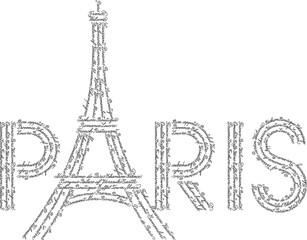 Fototapeta na wymiar The word Paris with the symbol of the Eiffel tower. The shape is filled with repeated handwritten English words and some French popular words, translation: Welcome, Hello, Sorry, Love, Thanks.