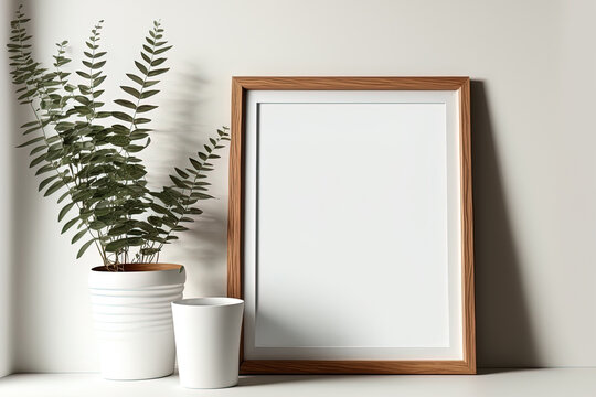 Wooden frame mockup on white wall minimalistic interior with copy space for artwork, photo, painting or print presentation. Generative AI