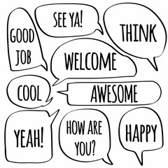 set hand hand drawn doodle of GOOD JOB, COOL, YEAH!, THINK, SEE YA!, WELCOME, AWESOME, HOW ARE YOU?, HAPPY. vector design illustration