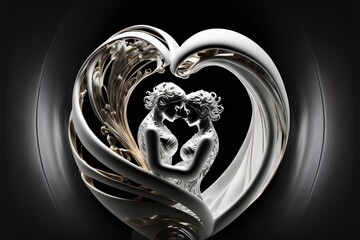 Silver heart with transparent glass and metal representing a  couple of two women in an embrace, modern abstract floral and spiral design, white and gray on black background, elegant, contemporary art