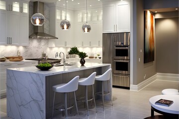  a kitchen with a marble island and white chairs and a marble counter top with a bowl of fruit on it and a phone on the counter top of the island with a phone on it.